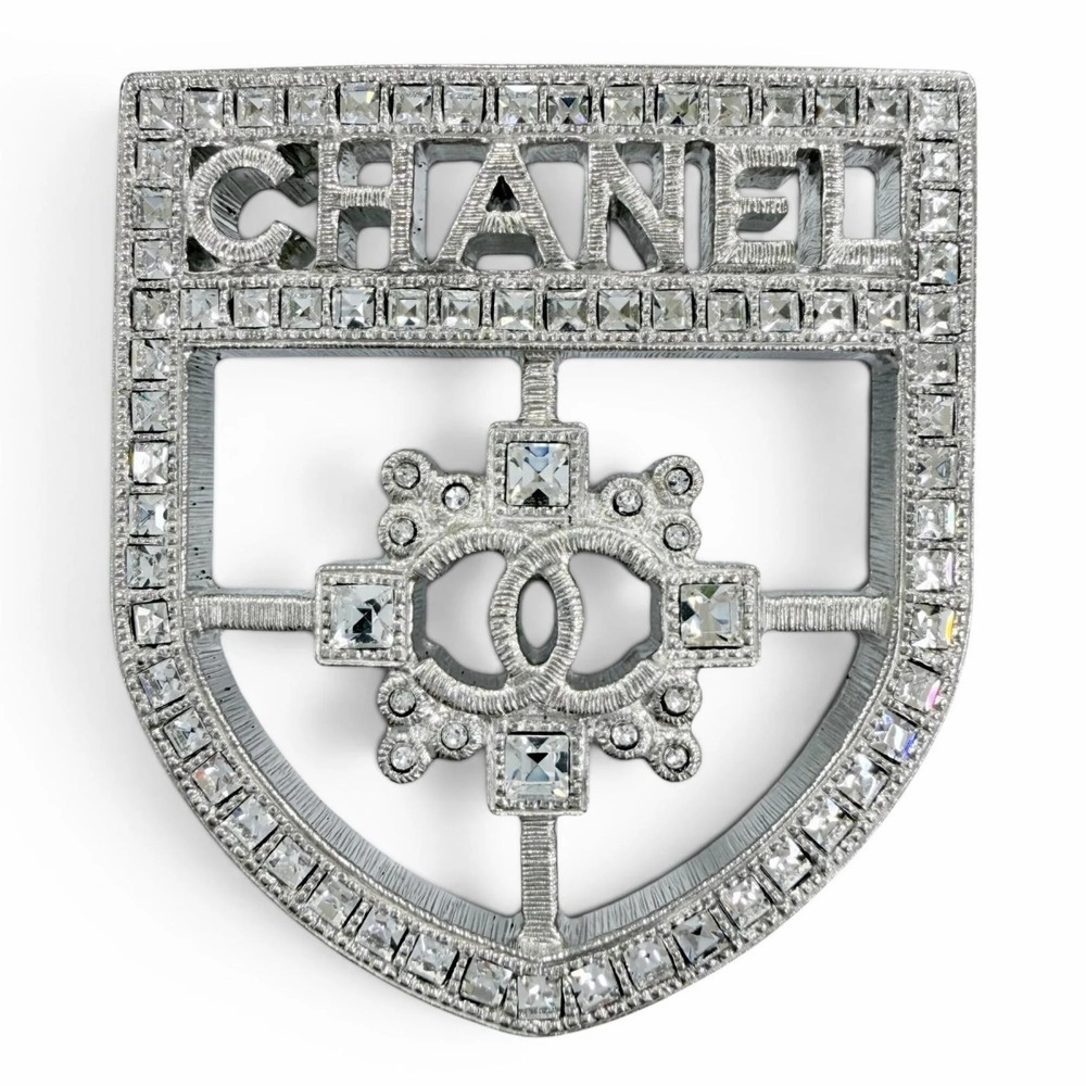 CHANEL B15B Emblem Logo Coco Mark Rhinestone Brooch, Silver, Made in Italy, W...